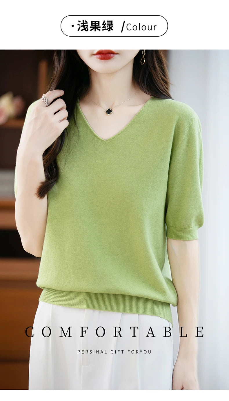 Thin Worsted Wool Short-Sleeved Women's Loose Round Neck T-shirt Printed Summer Fashion Knitted Bottoming Shirt Half-Sleeved