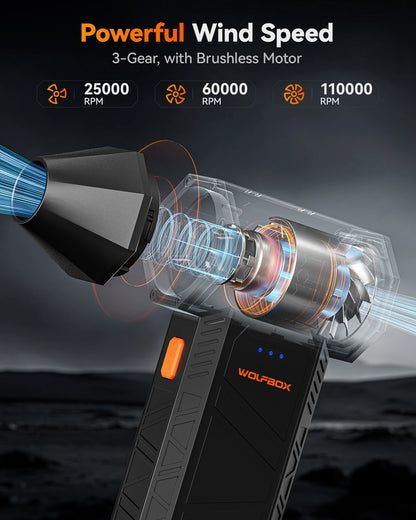 WOLFBOX MF50 Electric Wireless Air Duster Air Blower-110000RPM Portable Fan 3-Gear Brushless Motor for Car/PC/Home/Outdoor