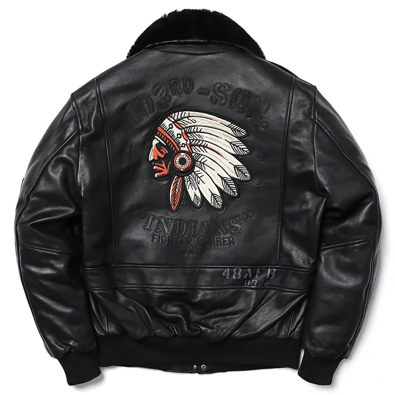 New Wool Collar Indian Embroidery Sheepskin Coat Genuine Leather Jacket Men's  Air Force Cloth Flight Jackets Clothes
