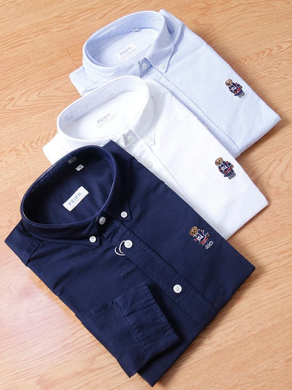 Spring Business Casual Long Sleeve Shirt Men's Cotton Oxford Cloth Embroidery Bear Pattern Inner Wear Trendy Brand Shirt
