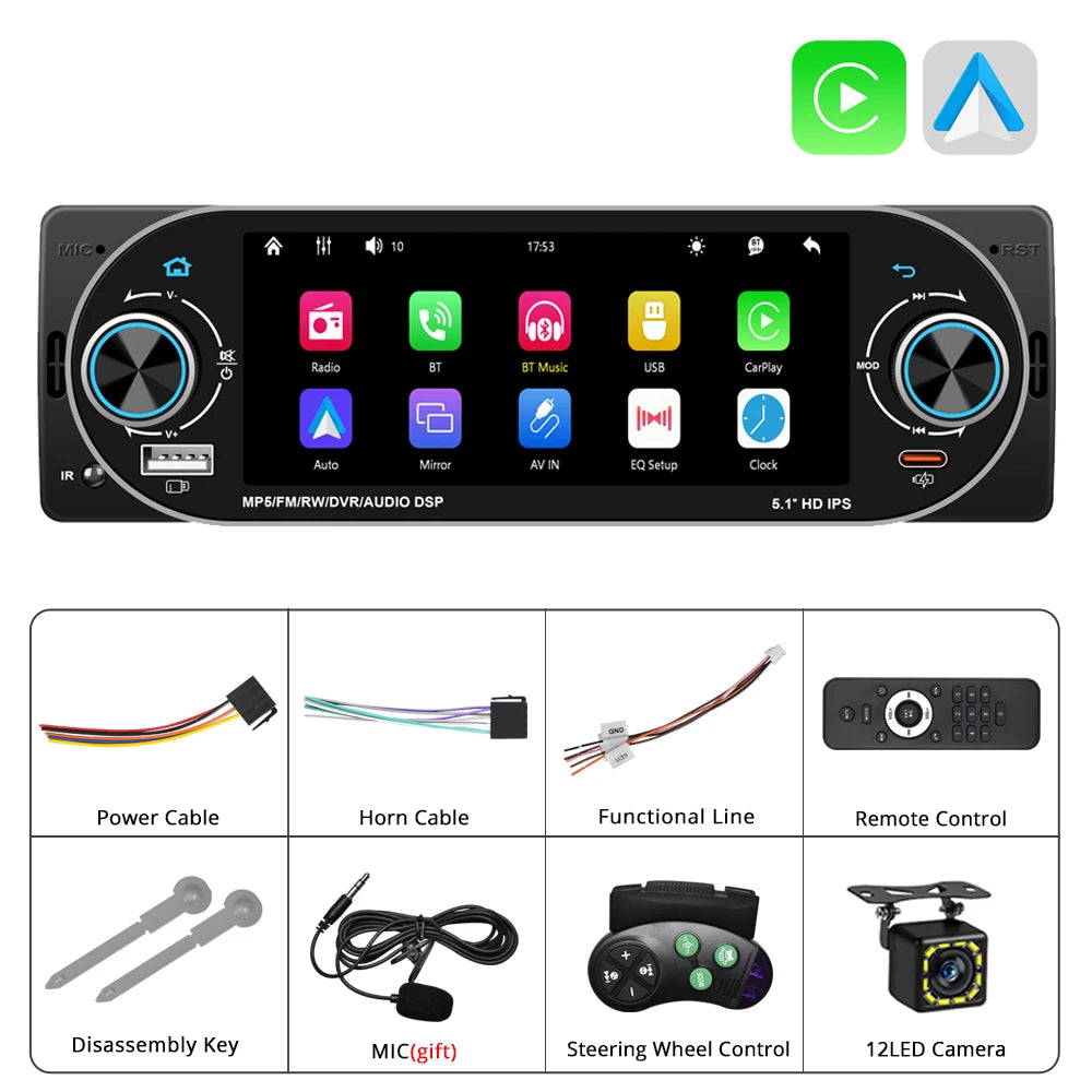 5.1Inch 1Din Car Radio MP5 IPS HD Player Support Wireless Carplay Android Auto Bluetooth FM AM RDS Stereo USB WIFI Video Player