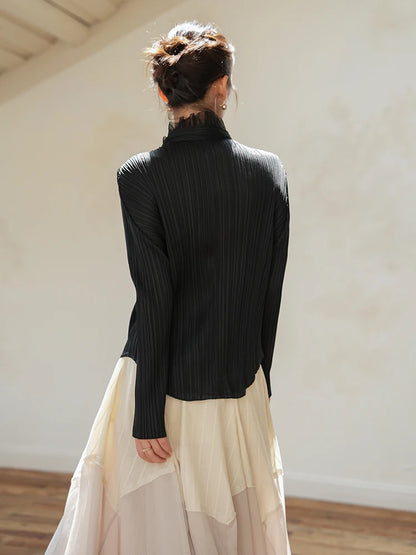 Pleated Women's Solid Shirt High Stretch Standing Lapel Single Breasted Cardigan 2025 Autumn New Long Sleeve Mullet Lace Shirt