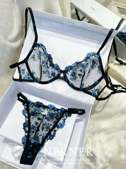 Sweet Sexy Lace Lingerie Set, Floral Embroidery Sheer Mesh, Thin Cooling, Big Bust Relief, Japanese Daily Women Underwear 32-38