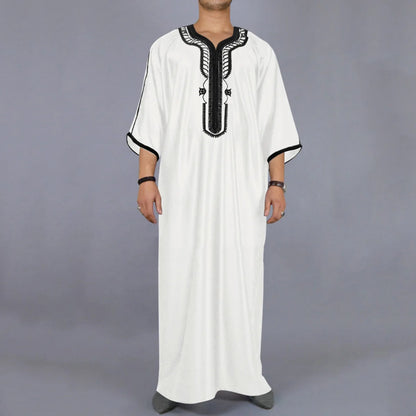 Ethnic Clothing Outfit Mens Plain Black Muslim Embroidered Robe Long Shirt Casual Youth Traditional Daily Fashion