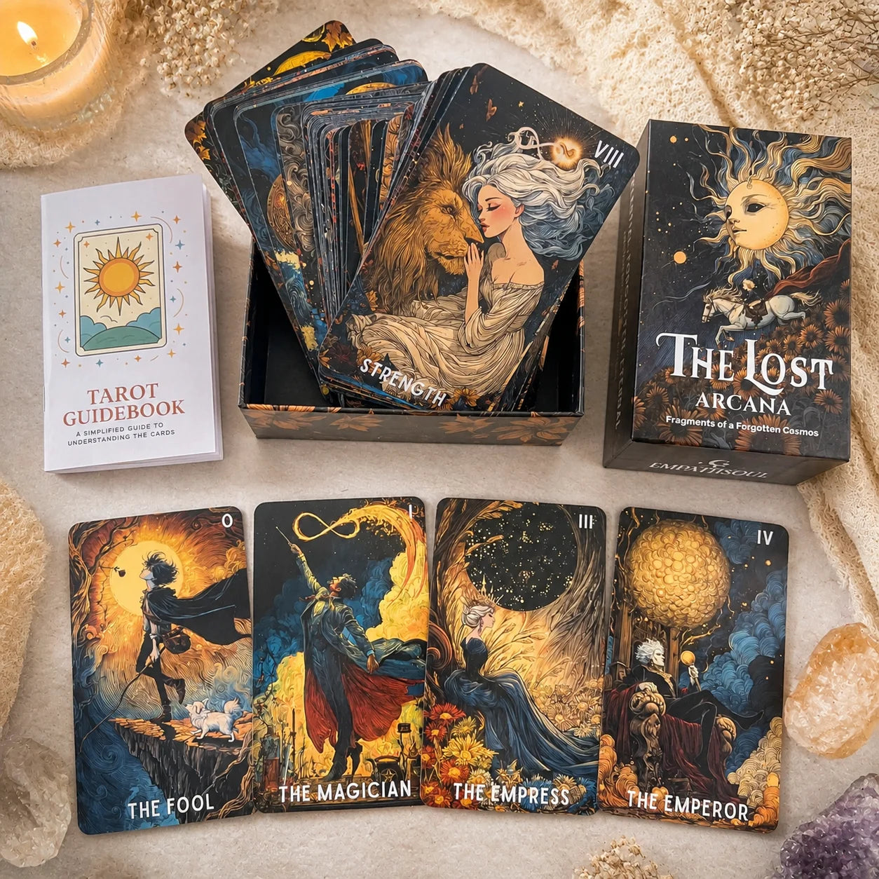 78 Cards, 13x8 Cm, The Lost Arcana Tarot Deck, Celestial Symbols, Ancient Powers, Sacred Mystery Card Game, Paper Manual