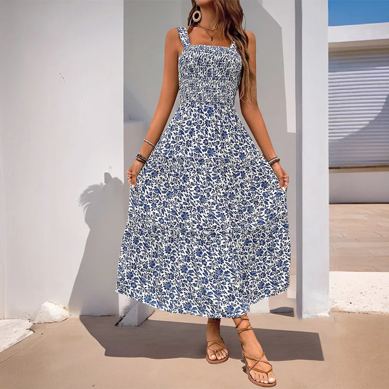 Women's Floral Maxi Dress Summer Square Neck Strappy Backless Smocked Bodice High Waist Long Dress Vacation Beach Outfit 2026