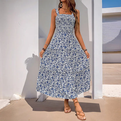Women's Floral Maxi Dress Summer Square Neck Strappy Backless Smocked Bodice High Waist Long Dress Vacation Beach Outfit 2026