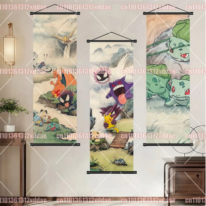 Pokémon Anime Poster Art Scroll Painting Rayquaza Pikachu Entei Squirtle Bulbasaur Gengar Snorlax Friends Children Holiday Gift