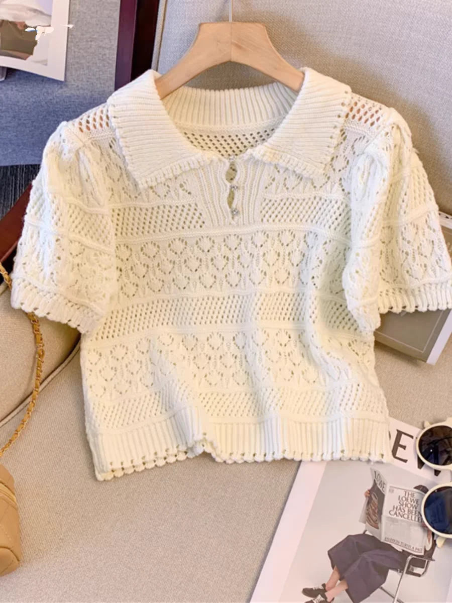 2024 New Hollow out Knitted Short Sleeve  Neck T-Shirt Women Summer Sweet And Spicy  Top Short Length Breathable