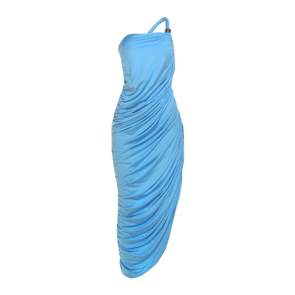 Nibber Fashion Asymmetry Split Dress Women Backless Ruched Solid Elegant Slim Birthday Party Clubwear Skew Collar Sexy Vestidos