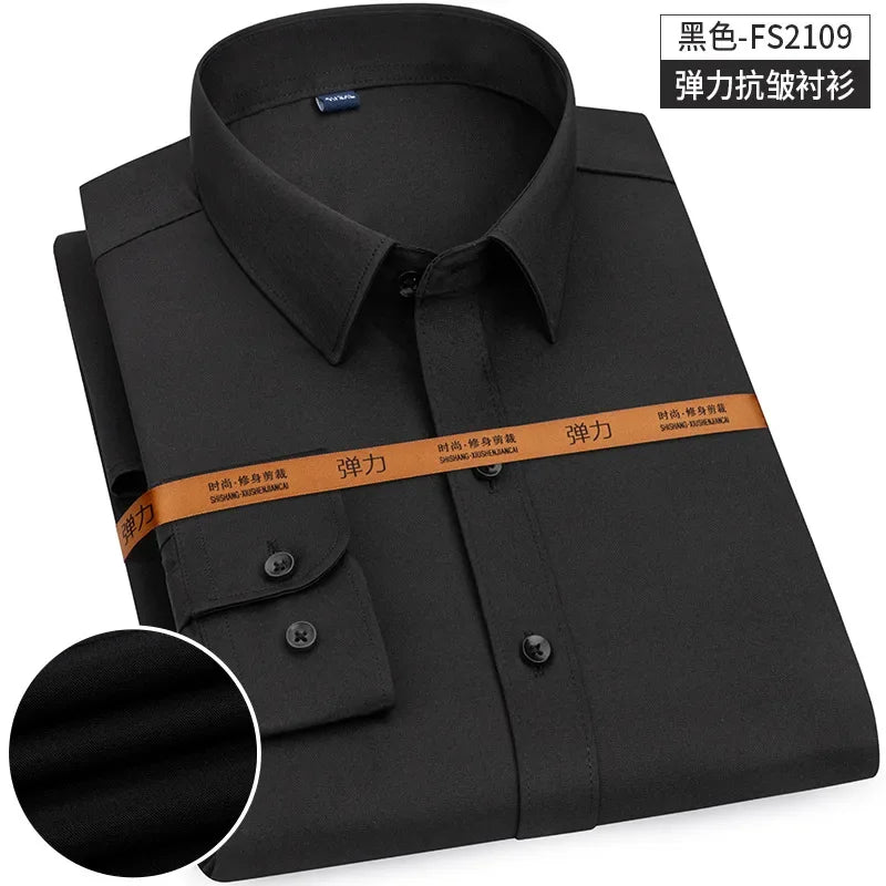 New Men's Shirt Long Sleeve Tooling Elastic Business Slim-fit Non-ironing Long Sleeve High-end Solid Color Men's Casual Shirts