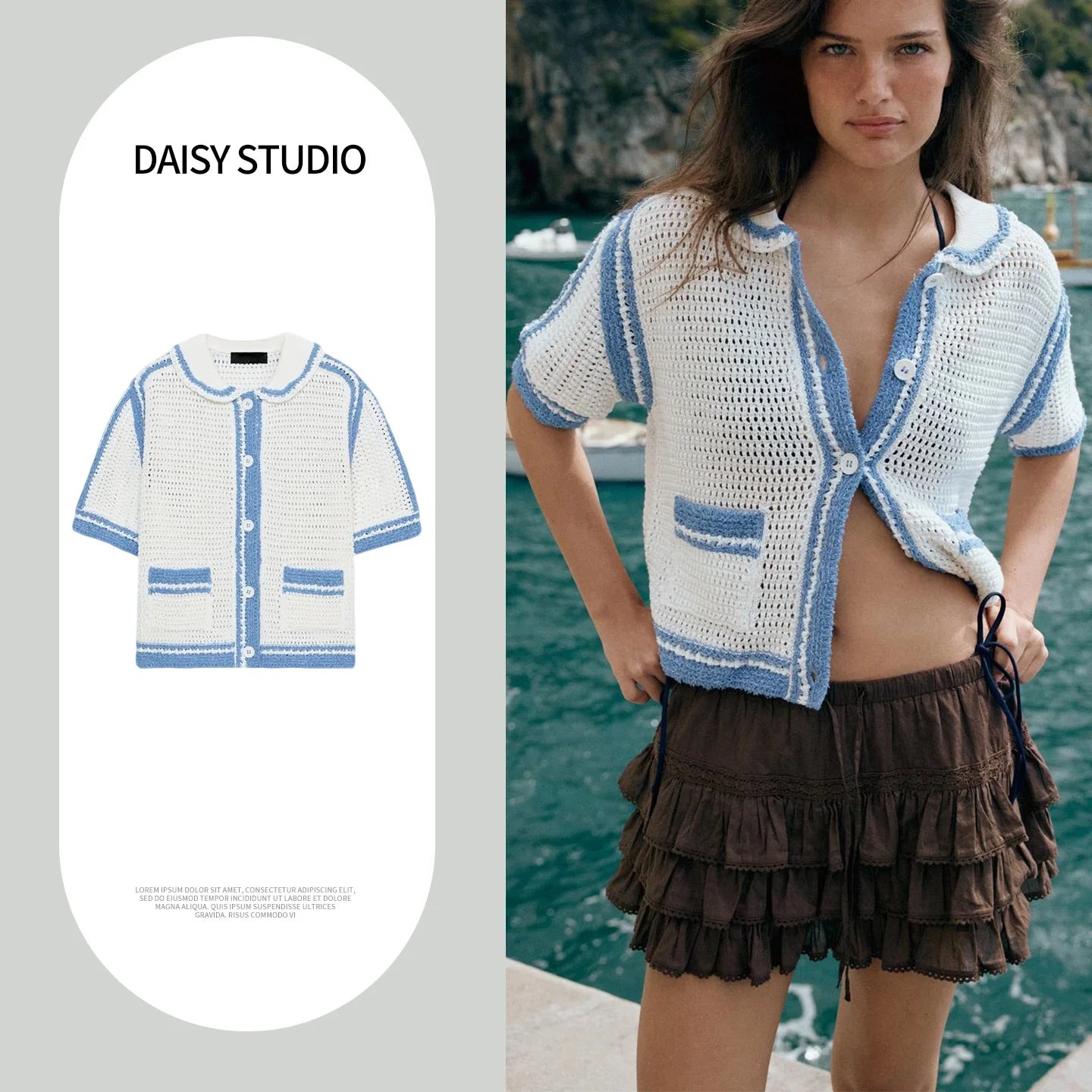 New Summer Women's Loose Fit  Knitwear Short Sleeve High Collar Chest Pocket Design Hollow out Casual Fashion Top