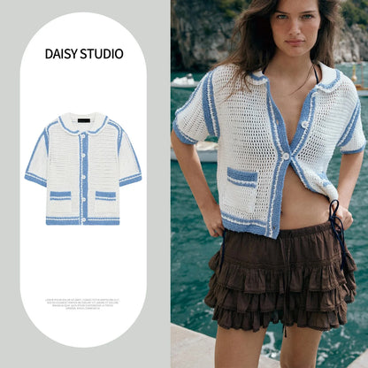 New Summer Women's Loose Fit  Knitwear Short Sleeve High Collar Chest Pocket Design Hollow out Casual Fashion Top