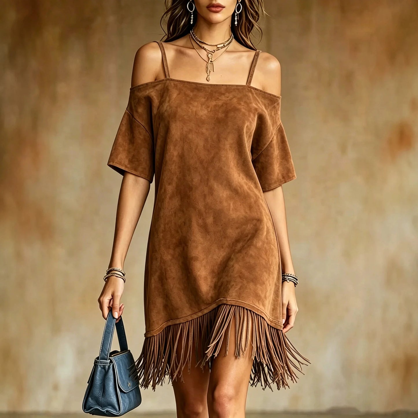 Casual Solid Color Suede Mini Dress Women Off Shoulder Spaghetti Strap Loose Fit Tassel Hem Elegant Daily Wear Chic Sundresses