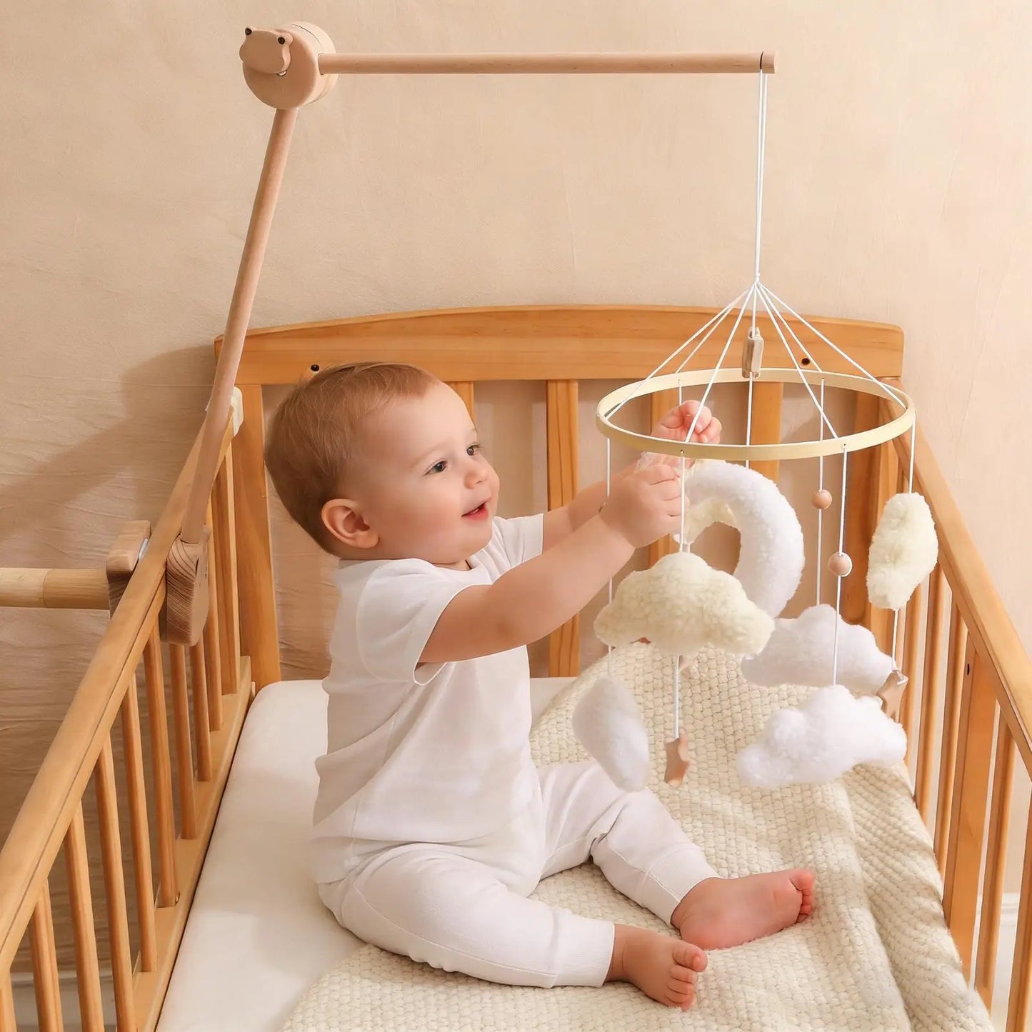 Wooden Crib Mobile Baby Bed Bell Rattle Toy Soft Cartoon Cloud Mobile Bracket Newborns Bed Bell Hanging Toy Nursery Decor