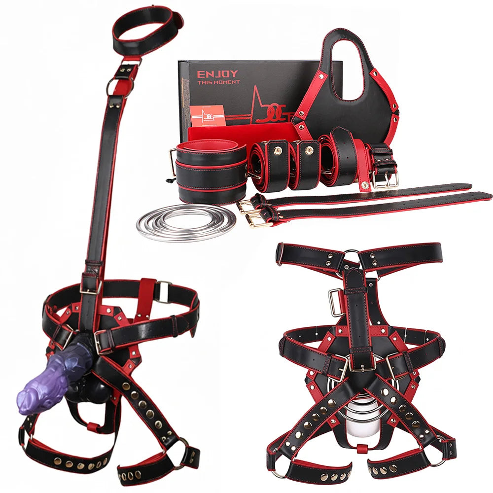 ANOSX Leather Control Harness Body Bondage Belt Kit Restraint Straps Neck To Thigh Strap Collor With Cock Ring Strap On Belts