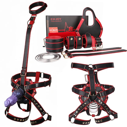 ANOSX Leather Control Harness Body Bondage Belt Kit Restraint Straps Neck To Thigh Strap Collor With Cock Ring Strap On Belts