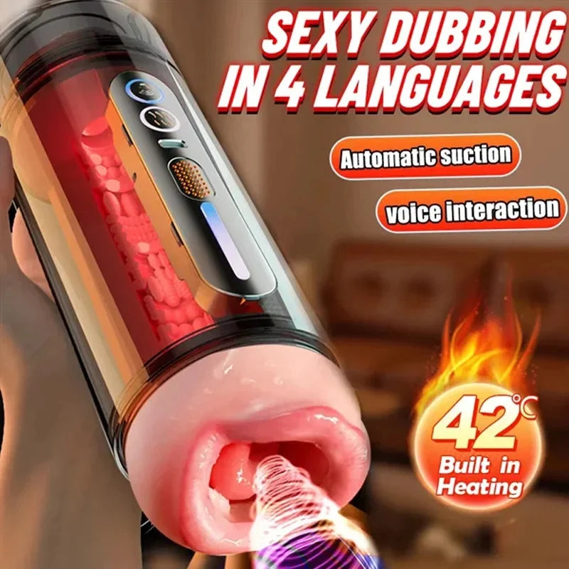 New Automatic Male Realistic Double Penetration Channel Vibration Deep Throat Vagina Heating Voice Pocket Cat Adult Sex Toy