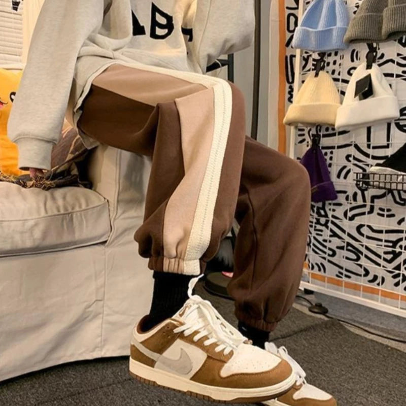 Men's Brown Tapered Leg Joggers Spring Casual Pants Hong Kong Retro American Style with Drawstring Japanese Vintage Look