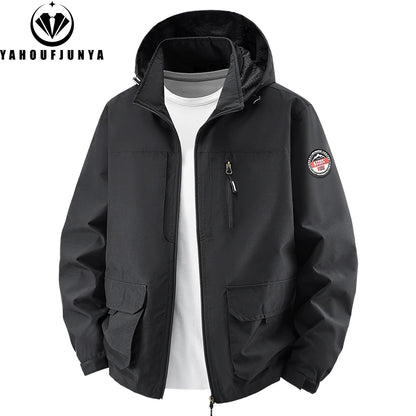8XL Men Spring Outdoor Leisure Windbreak Removable Hooded Jacket Men Autumn Cargo Pocket Fashion Brand Jacket Coat Male Clothing