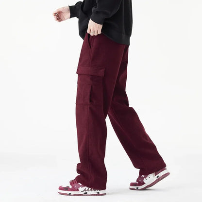 Winter Woolen Cargo Pants Thickened Men Casual Pants Solid Trousers Straight Leg Outdoors Streetwear Comfortable Fabric Unisex