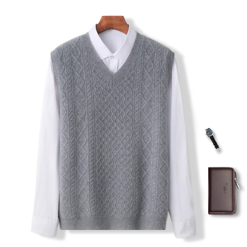 Autumn and winter new 100% pure wool men's V-neck sleeveless vest solid color fashion casual loose knit vest.