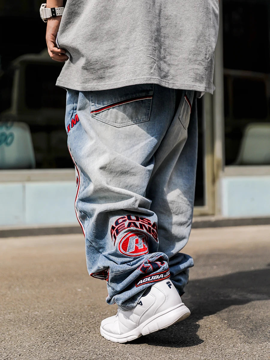 ACUSA Jeans Stacked Embroidered Washed Denim Jeans 633 Version Letter Stitching 3D Patchwork Men's Loose Straight Leg Jeans