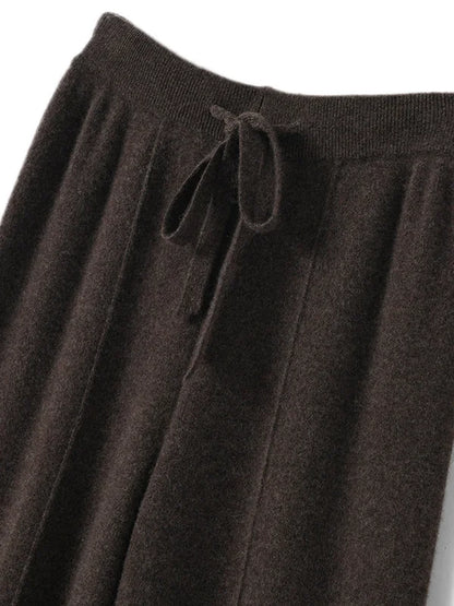High Waist Knitted Wide Leg Pants Women's Autumn Winter Extended Floor Length Drawstring Straight Casual Loose Slimming