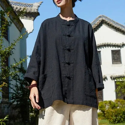 Retro Chinese Cotton Linen Shirt Jacket Women Spring Zen Collar Button Long Sleeve Slimming Linen Outerwear Top