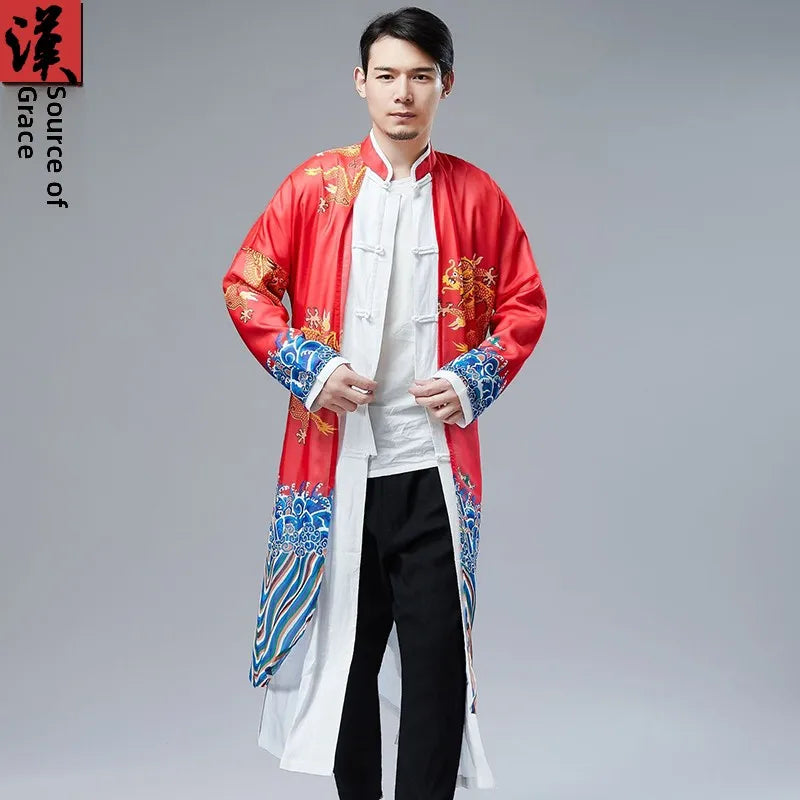 Retro Chinese Sle Youth Men's Long irt Fake Two-Piece Silk Printed Cotton Linen Hanfu Tang Costume Robe Summer Casual Wear