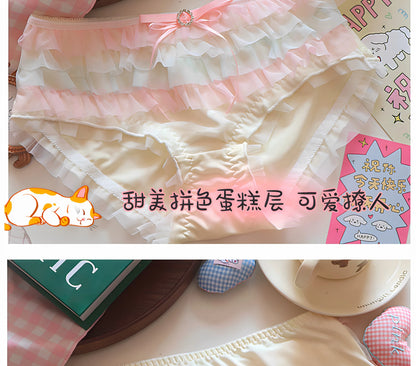 Japanese Lolita Princess Lingerie Women Pure Desire Cake Layer Lace Mesh Cotton Crotch Party Bra Panty Set Cute Comfortable Soft