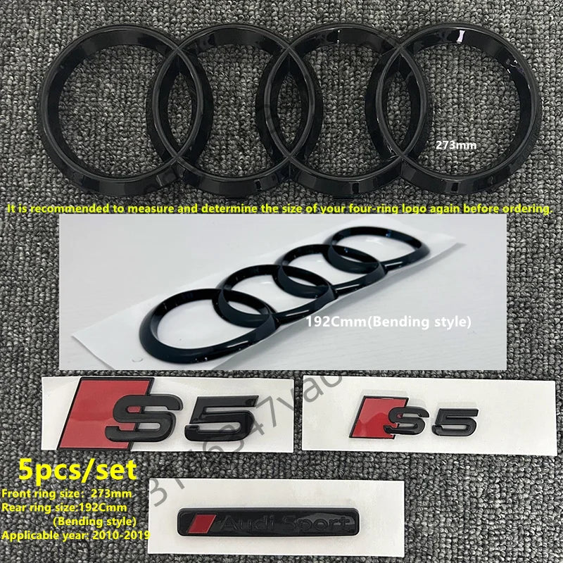 6/5Pcs 4Ring ABS Car Hood Front Grill Rear Trunk Emblem Stickers For Audi A3 A4 A5 A6 A7 Q2 Q3 Q5 Q8 S3 S4 S5 S6 RS3 RS4 RS5 RS6