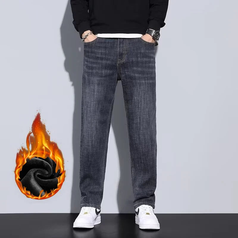 New Men Snow Warm Plush Fleece Jeans Male Daily Youthful Vitality Fashion Loose Straight Denim Pants Thermal Dark Gray Trousers
