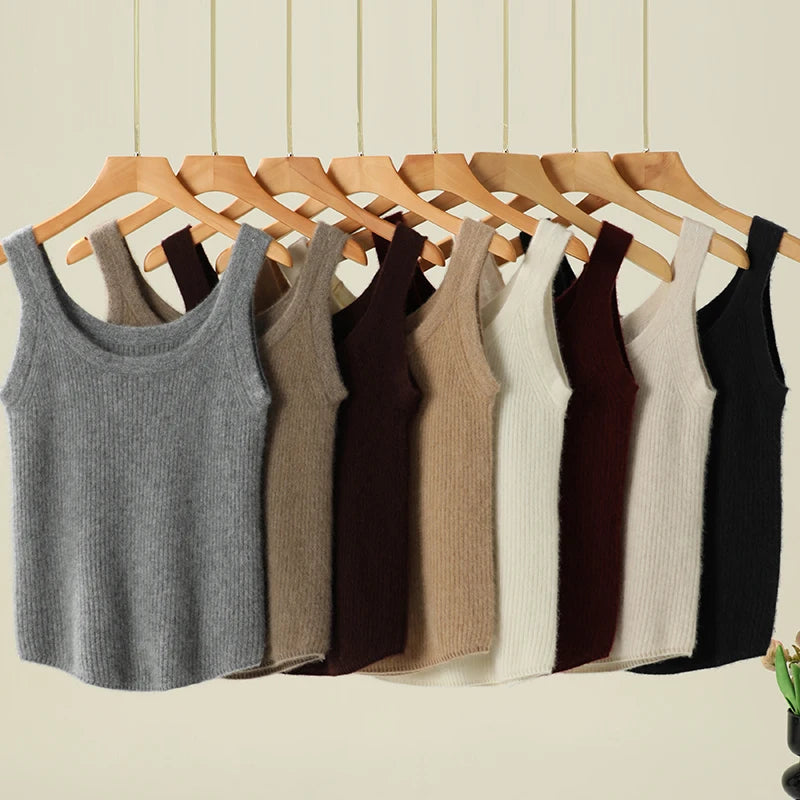 New Women Sexy 100% Cashmere High Elasticity Vest Crop Fashion Tops O-Neck Tank Soft Warm Ladies Knit Camisole Basic Bottom Vest