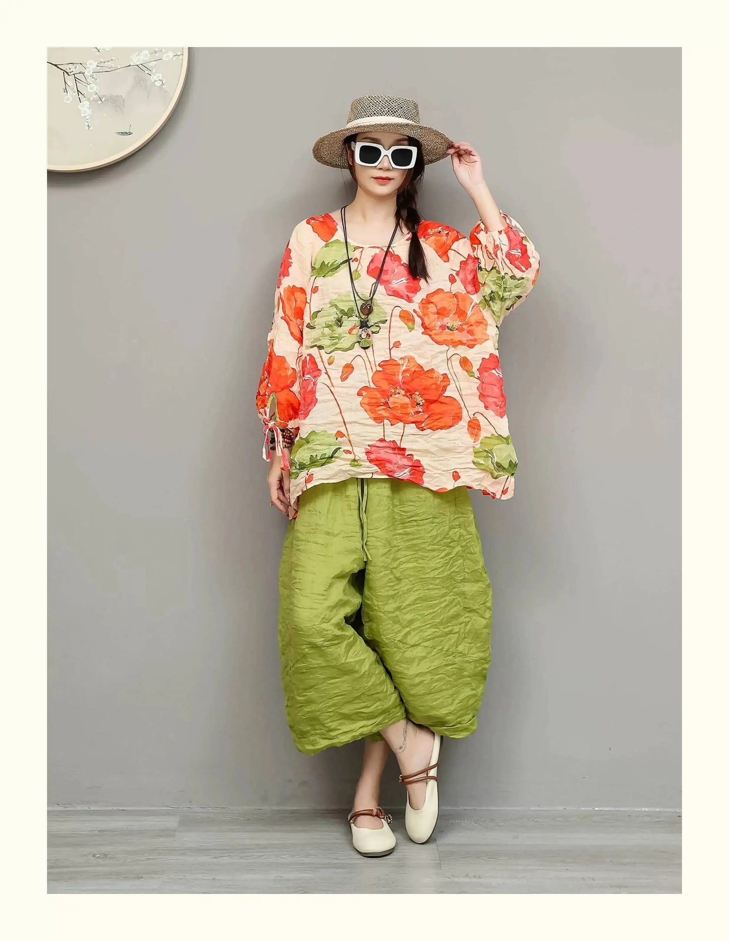 Artistic Ramie Suit Women Summer Floral Tie-up Top + Loose Wide-leg Cropped Pants Two-piece Set XY336