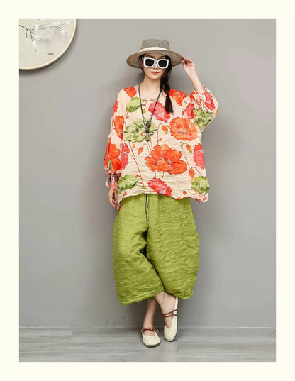 Artistic Ramie Suit Women Summer Floral Tie-up Top + Loose Wide-leg Cropped Pants Two-piece Set XY336