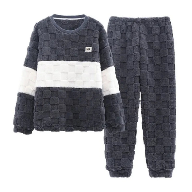 Thickened Warm Sleepwear for Winter Men Coral Velvet Plus-Size Loungewear Two-Piece Set of Soft Flannel Long-Sleeved Pajamas