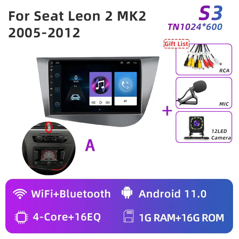 Jundof Car radio For Seat Leon 2 MK2 2005-2012 Carplay Android auto Qualcomm Car stereo Multimedia player 4G Wifi DSP 36EQ RHD
