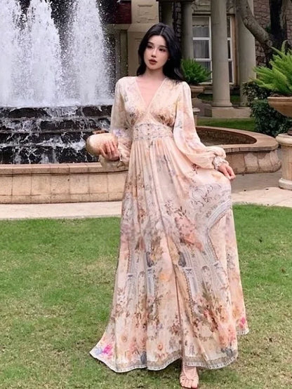 Elegant plus Size Women's Summer Vacation Style Printed Dress High Waist Embroidery V-Neck Long Skirt Lantern Sleeve
