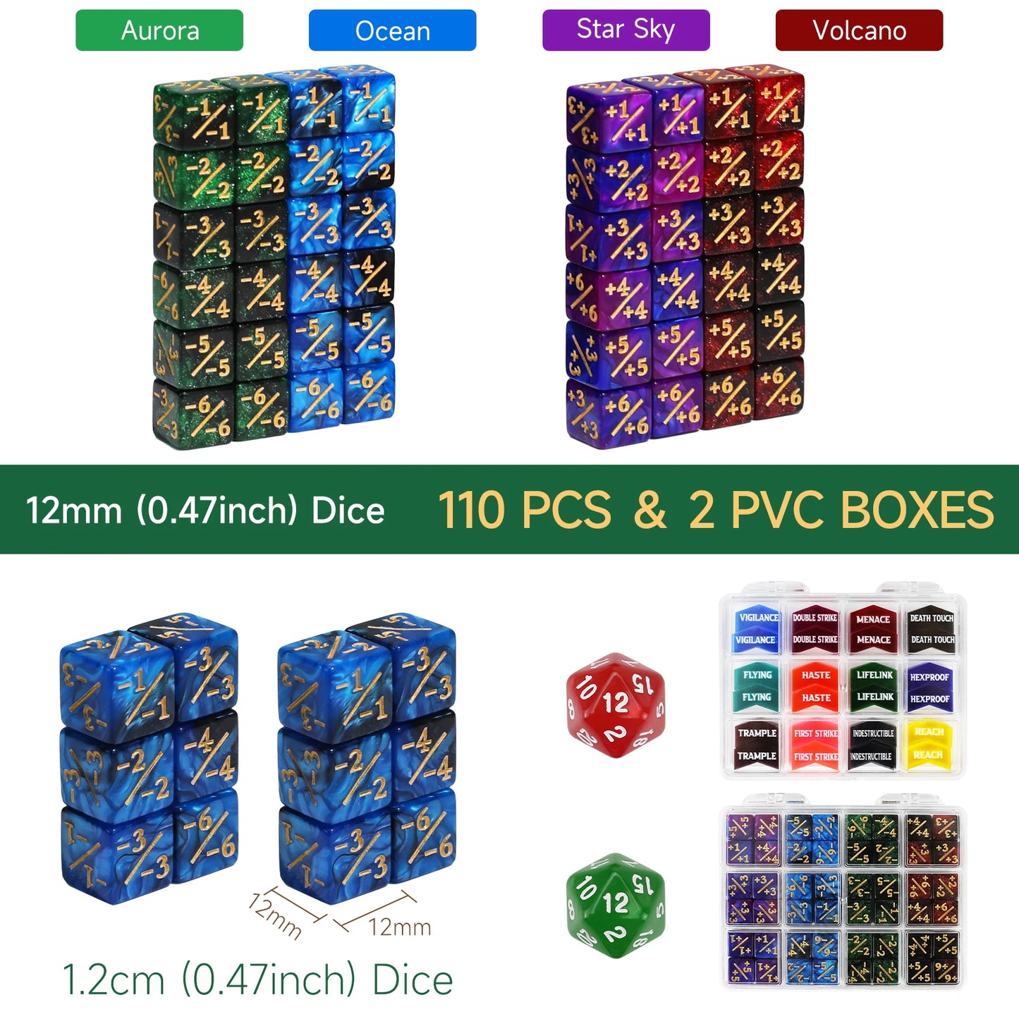 110PCS MTG Dice Tokens Set Keyword Counters +1/+1 & -1/-1 Counters 2xD20 Life Trackers, 12mm Size with Storage Box, Compatible