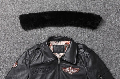 2026 New Winter Men's Warm Cowhide Top Coat Leather Bomber Jacket Detachable Fur Collar Plus Cotton Plus-size Leather for Men