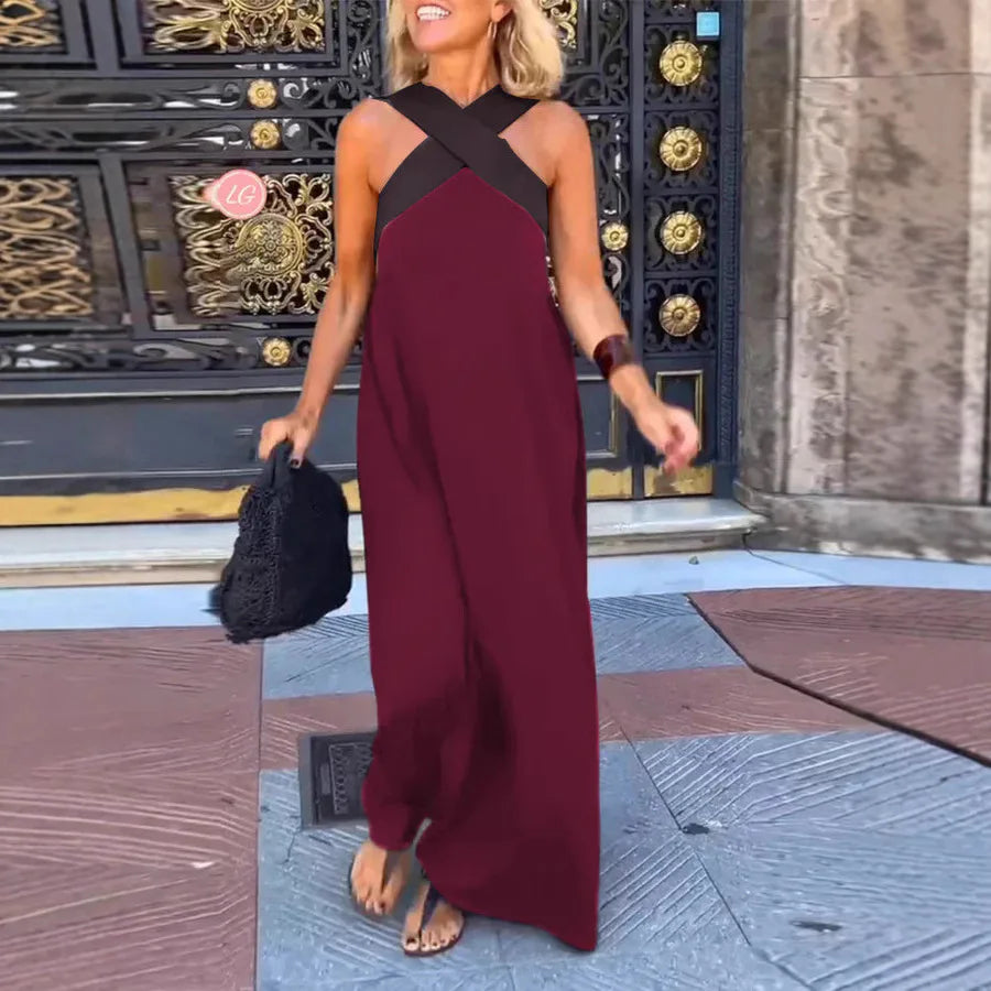 Women's Long Cross Dress Skirt European Style Mid-Waist A-Line Dress Polyester Fabric No-Sleeve Business Wear Single Piece
