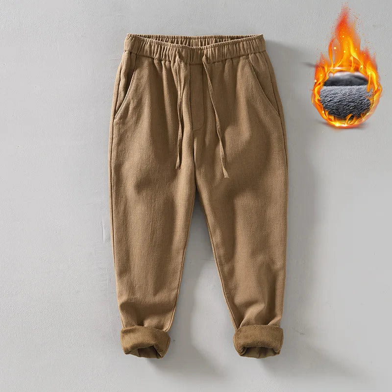 Men's Winter Fleece Lined Warm Casual Pants Loose Cotton Linen Straight Leg Trousers Youth Fashion Long Trousers Cotton 70% L...
