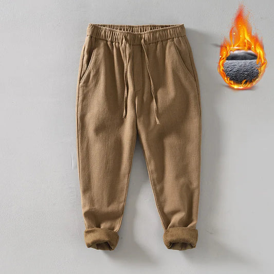 Men's Winter Fleece Lined Warm Casual Pants Loose Cotton Linen Straight Leg Trousers Youth Fashion Long Trousers Cotton 70% L...