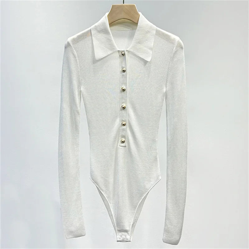 Bodysuit women New elastic slim fit long sleeved top for autumn 2025 Polo collar pullover Metal button decoration T-shirt corset