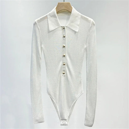 Bodysuit women New elastic slim fit long sleeved top for autumn 2025 Polo collar pullover Metal button decoration T-shirt corset