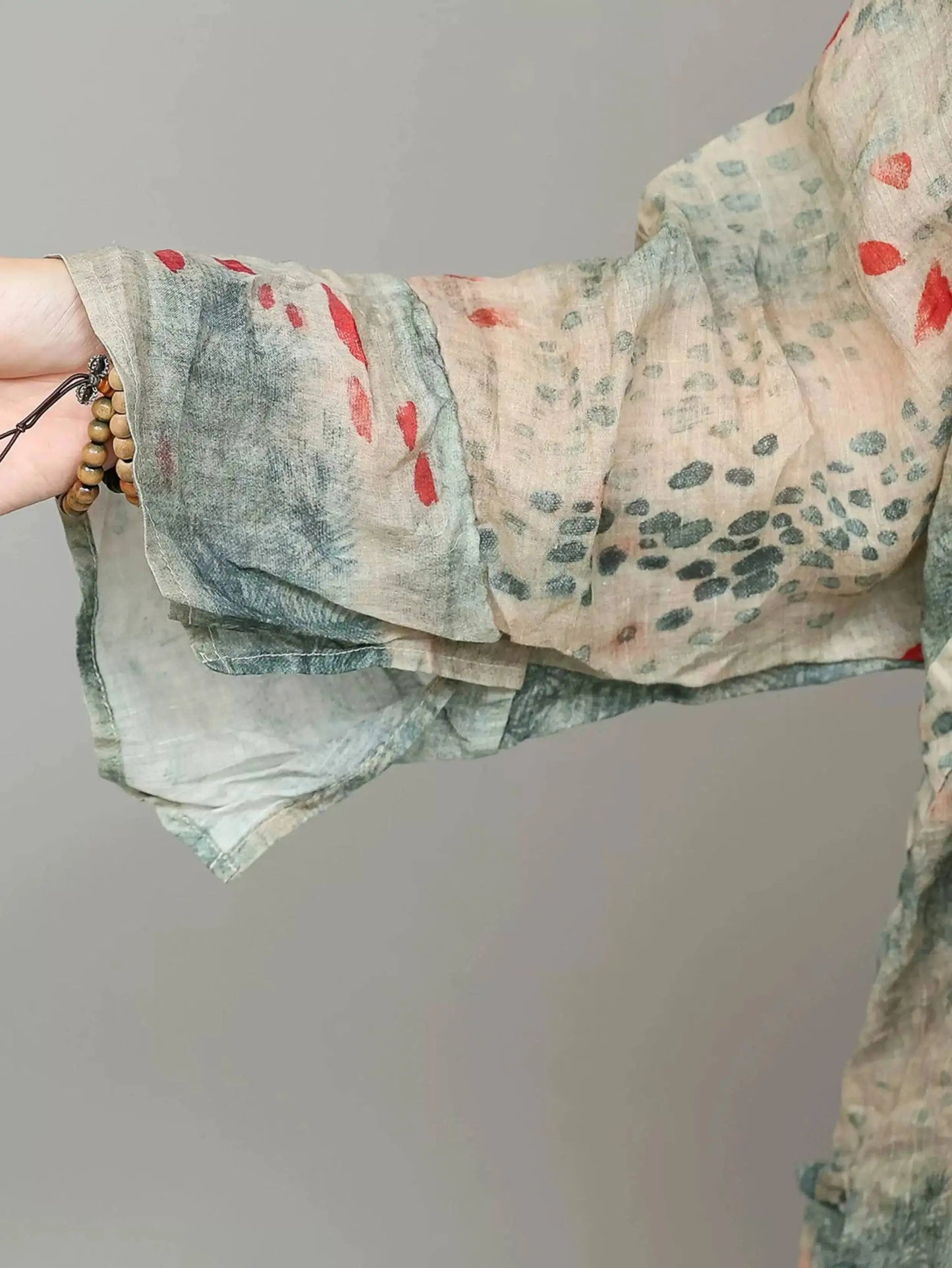 Artistic Ramie Suit Women Summer Printed Lightweight V-neck Mid-length Top + Loose Pants Two-piece Set XY307