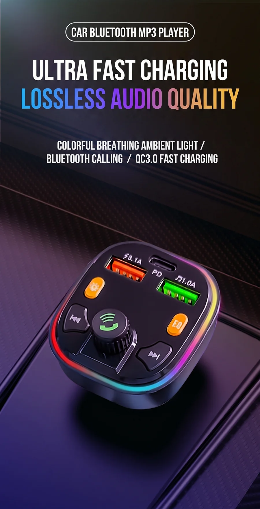 Car Bluetooth 5.0 FM Transmitter Audio Adapter RGB Colorful Light Triple Port PD Fast Charger And USB & One-Key Deep Bass Boost