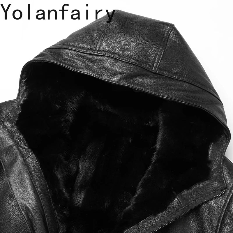 YOLANFAIRY Genuine Goatskin Leather Jacket for Man Real Fur Coat with Hood Winter Luxury Mink Fur Liner Men's Leather Jackets