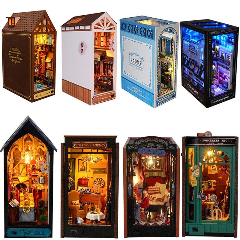 Wooden Book Nook DIY Miniatures Shelf Insert Dollhouse Building Bookshelf Bookend Home Decoration Doll Houses Toys For Xmas Gift